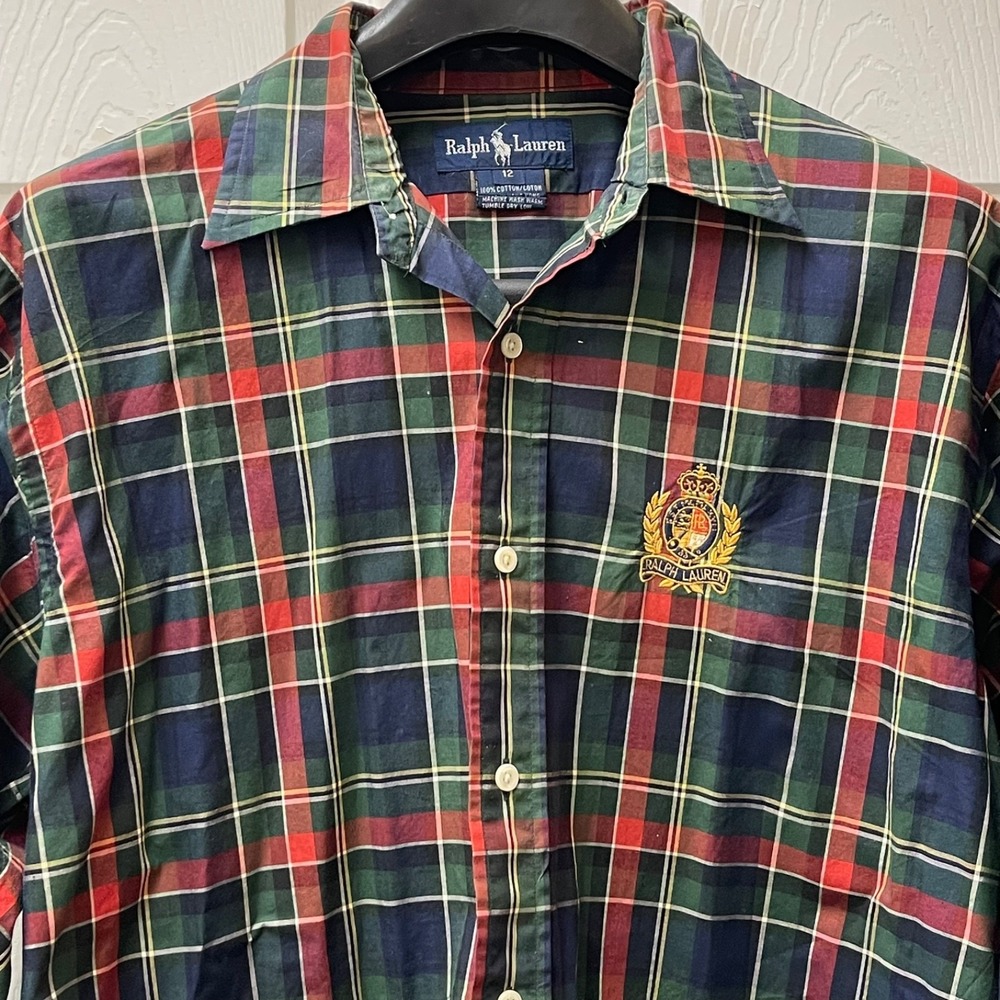 Vintage Ralph Lauren Crest Shirt Women's 12 (Large) Red Tartan Button Up Classic - Picture 3 of 15